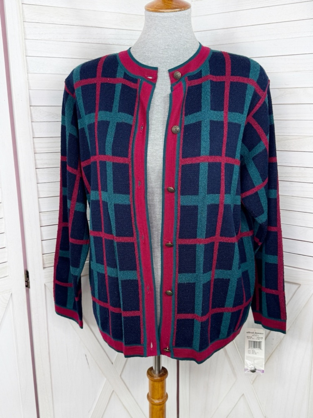 Alfred Dunner Windowpane Plaid Button Front Cardigan Sweater Blue Small Wool